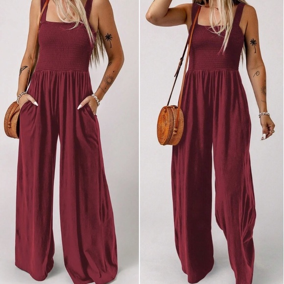 Boho smocked bodice wide leg wide straps cami jumpsuit burgundy - Picture 9 of 12